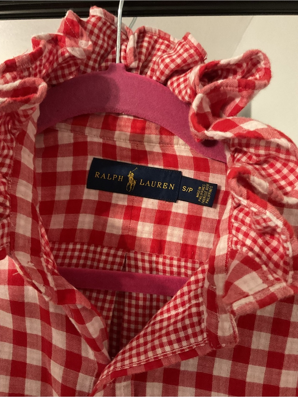 Upcycled Ralph Lauren Red and White Gingham Button-Down Shirt with Pony Logo - Picture 3 of 5